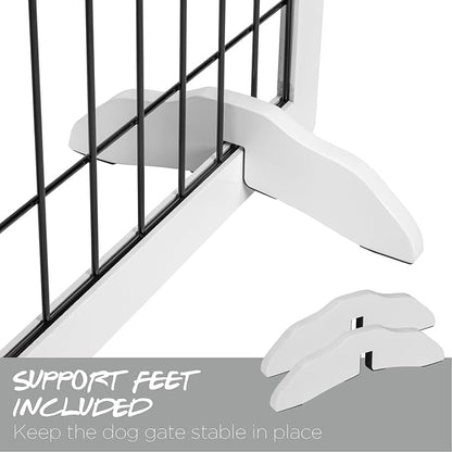 PAWLAND Extra Wide Dog gate for The House, Doorway, Stairs, Dog Fences Indoor, Freestanding Foldable Wooden Pet Gates for Dogs, Set of Support Feet Included, 96 in Wide 30 in Tall, 4 Panels White