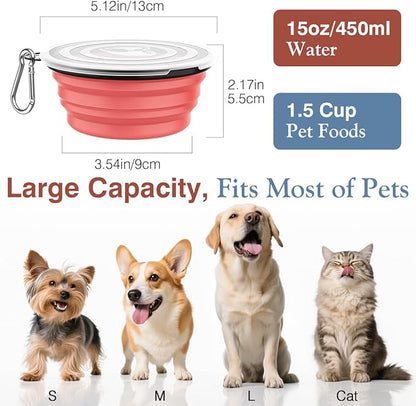 Pawaboo Collapsible Dog Bowls 2 Pack, Silicone Feeding Watering Bowls with Lids & Carabiners for Dogs Cats, Portable Water Feeder Food Bowl for Walking Traveling Home Use, Light Pink + Blue