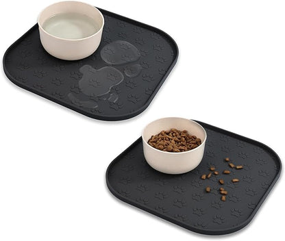 2 Pack Pet Feeding Mats, Waterproof Anti-Slip Placemats for Dog Cat Bowl Silicone Pet Food Mat, Raised Edge Prevent Spills on Floor & Carpet, Dishwasher Safe (2 Black, 11" x 11")