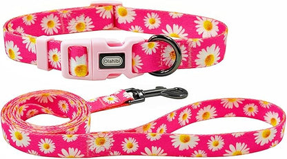 Dog Collar and Leash Set, Cute Pink Daisy Pattern, Polyester Material, 5ft Leash, for Medium Dogs.(M, Daisy Set)