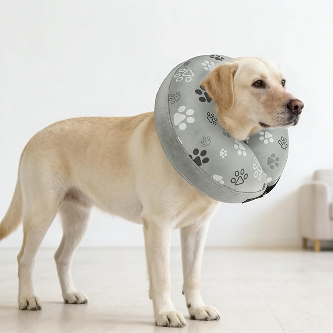 SCENEREAL Dog Cone Alternative After Surgery Donut Collar, Soft Pet Recovery Pillow Collar for Medium Large Dogs, Inflatable Adjustable Neck Collars to Prevent Licking, Grey Footprints L