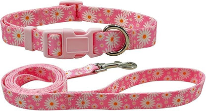 Dog Collar Leash Set, Floral Pattern, Polyester Material, Adjustable Collar and 5ft Matchcing Leash, for Large Dogs.(L, Light Pink Daisy)