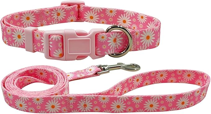 Dog Collar Leash Set, Floral Pattern, Polyester Material, Adjustable Collar and 5ft Matchcing Leash, for Small Dogs.(S, Light Pink Daisy)