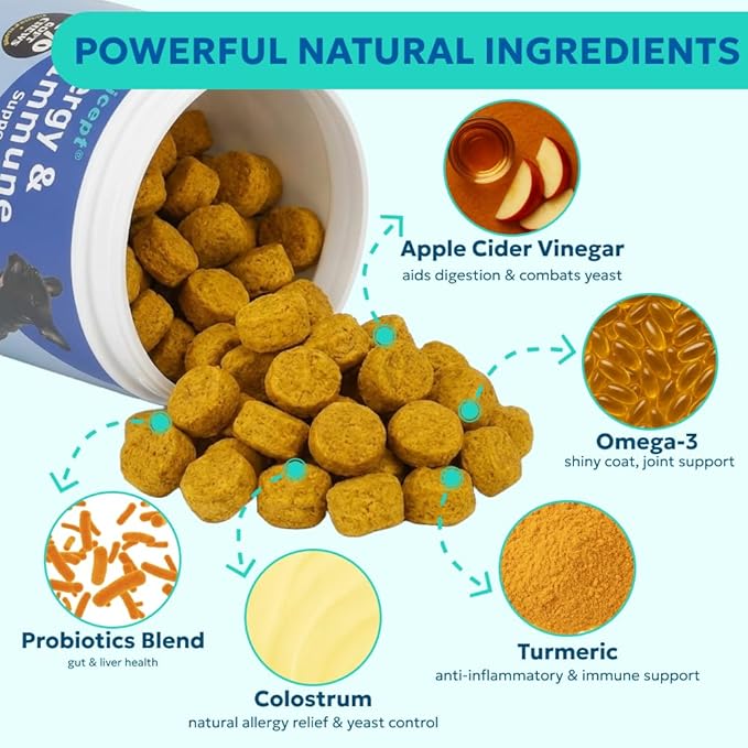 Forticept Allergy & Immune Probiotics for Dogs, Support Seasonal Allergies, Gut & Digestive Health - Enzymes, Colostrum, and Omega 3 Helps with Hot Spot and Yeast, Itch Relif