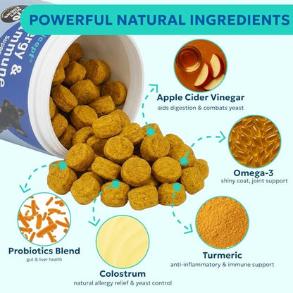 Forticept Allergy & Immune Probiotics for Dogs, Support Seasonal Allergies, Gut & Digestive Health - Enzymes, Colostrum, and Omega 3 Helps with Hot Spot and Yeast, Itch Relif