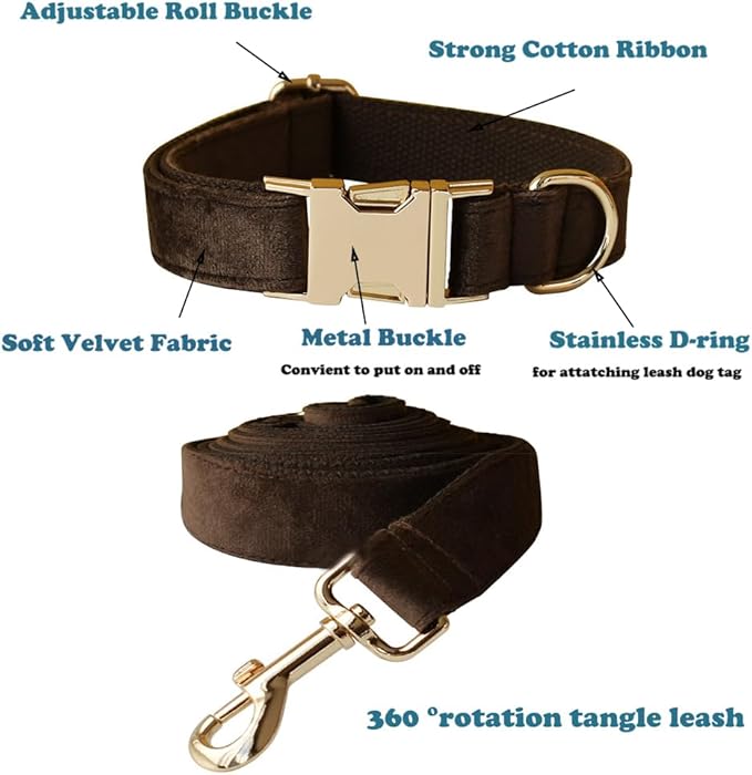 Love Dream Velvet Dog Collar and Leash Set, Soft & Comfy Adjustable Dog Leash and Collar with Heavy Duty Metal Buckle for Small Medium Large Dogs Training & Walking (XLarge, Brown)