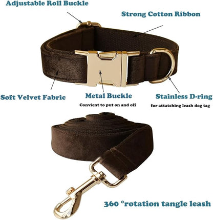 Love Dream Velvet Dog Collar and Leash Set, Soft & Comfy Adjustable Dog Leash and Collar with Heavy Duty Metal Buckle for Small Medium Large Dogs Training & Walking (Large, Brown)