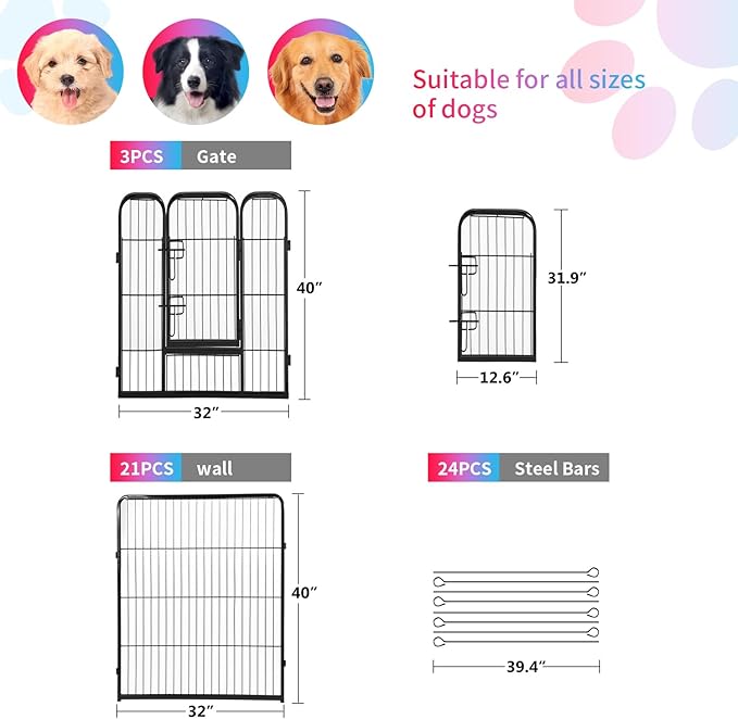 FDW Dog Playpen Dog Pen Dog Kennel 24 Panels 40 Inch Hight Indoor Outdoor Folding Metal Portable Puppy Exercise Pen Heavy Duty Dog Fence for Yard Camping,Black