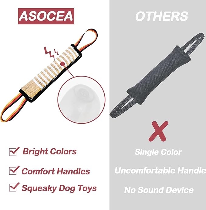 ASOCEA Dog Tug Toy,Bite Jute Pillow Pull Toy Tough Squeaky Dog Toys with 2 Handles for Medium to Large Dogs Interactive Toy Tug of War Lasting Training Equipment