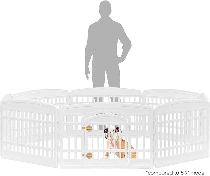 IRIS USA Dog Playpen with Door, 24” 8 Panel Pet Exercise Pen – Indoor Outdoor Puppy Play Pen, Portable Plastic Pet Fence for Small Medium Dogs, Foldable 83.5” x 83.5” x 24”, White