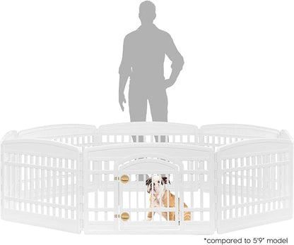 IRIS USA Dog Playpen with Door, 24” 8 Panel Pet Exercise Pen – Indoor Outdoor Puppy Play Pen, Portable Plastic Pet Fence for Small Medium Dogs, Foldable 83.5” x 83.5” x 24”, White