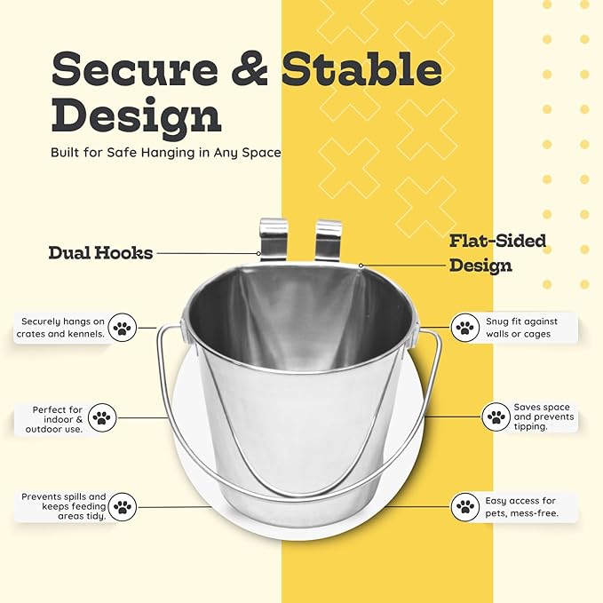 1 quart Stainless Steel Flat Sided Bucket with Dual Hooks | 0.25 gal Durable Food & Water Bowl for Dog Cat Bird & Small Animals | Fits kennel Cage Critter Crate | Hanging Utility Pet Pail