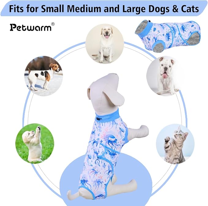 PetWarm Pet Recovery Suit for Female Dogs, Dog Surgery Suit, Cone of Shame Alternatives Bodysuit for Abdominal Affected Areas Sensitive Skin Areas, Dog Bodysuit, Marine Animal Patterns, Blue, XL