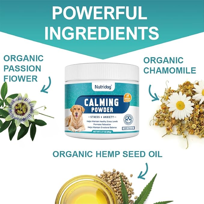 Calming Powder for Dogs - Anxiety & Stress Relief Supplement with Organic Hemp, Valerian Root - Behavioral Support, Fireworks & Travel Aid - Beef Flavor, 90g Powder (ND-046)