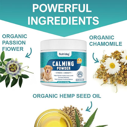 Calming Powder for Dogs - Anxiety & Stress Relief Supplement with Organic Hemp, Valerian Root - Behavioral Support, Fireworks & Travel Aid - Beef Flavor, 90g Powder (ND-046)