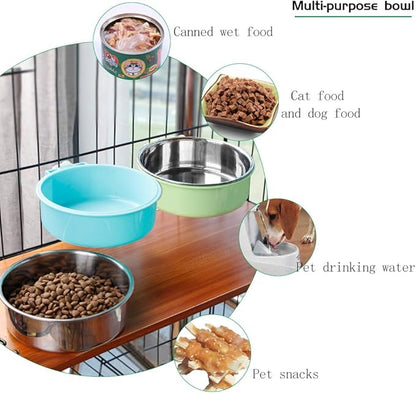 Pet Hanging Bowl 2-in-1 Removable Stainless Steel Food Hanging Bowl for Puppy/Cat, Andiker Pet Bowl Hanging Cage Large Water Food Feeder for Dogs Cats (Large, Green)