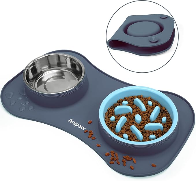 Anipaw Slow Feeder Dog Bowls 3 in 1 Stainless Steel Dog Food and Water Bowls with Non-Spill and Non-Skid Silicone Mat to Slow Down Eating for Large Medium Small Breed Size Dogs and Cats (Light Grey)