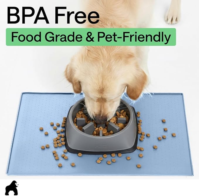 GORILLA GRIP 100% Waterproof Raised Edge BPA Free Silicone Pet Feeding Mat, Dog Cat Food Mats Contain Spills Protects Floors, Placemats for Cats and Dogs Water Bowl, Pets Accessories 28x18 Blue