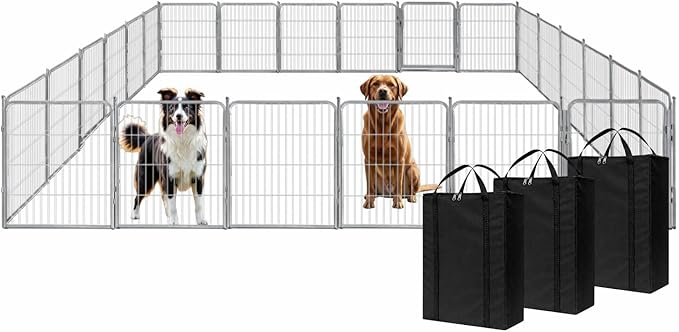 Dog Playpen w/Carrying Case for Indoor or Outdoor Use – 32 Inch, 24 Grey Panels - Portable Metal Exercise Pen for Small & Medium Dogs - Pet Fence Kennel Crate for House, RV, or Travel