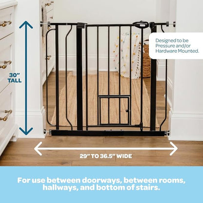 Carlson 29.5–36.5” Extra Wide Dog Gate with Small Pet Door, Walk-Through Pressure Mounted Metal Indoor Pet Safety Gate, Black, Tested and Trusted by Pet Parents, American Designed, American Owned
