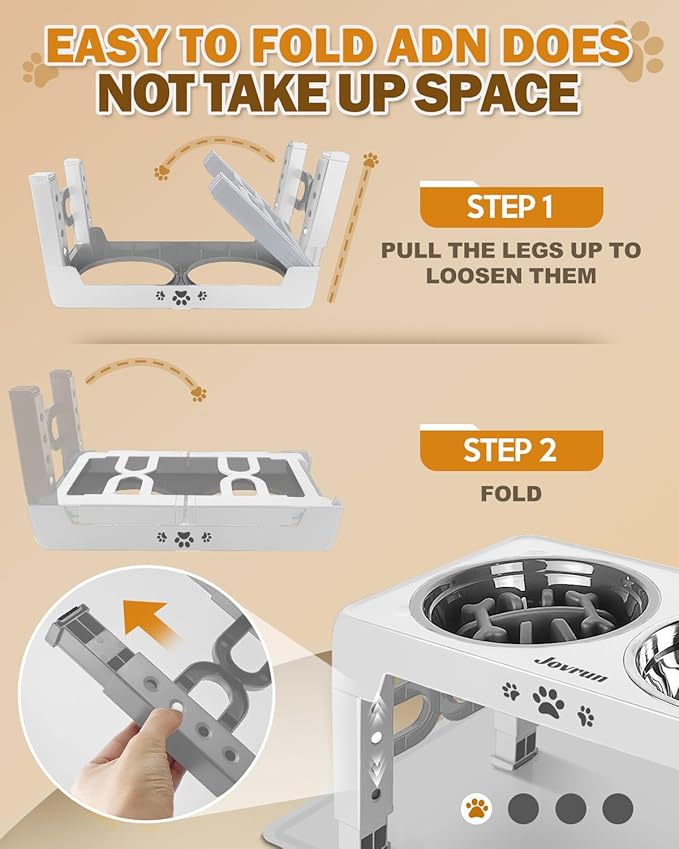 Jovrun Elevated Dog Bowls for Medium Size Dogs with Mat, Non-Slip Dog Feeder with 1*Stainless Steel Dishes & 1*Slow Feeder Bowl, 5 Heights Adjustable Raised Bowls for 3.15″-8.66″-9.84″-11.02″-12.2″