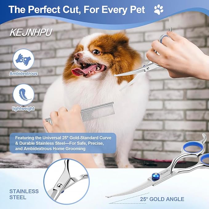 Professional Dog Grooming Kit 6.8 Inches, Curved Dog Grooming Scissors with Safety Round Tips, Dog Scissors for Grooming for Face, Paws & Ears at Home - Right & Left Handed