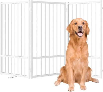 SNUOWU Full Metal Freestanding Dog Gate with Door, 36''Height Foldable Pet Dog Fence for Indoor & Outdoor, 3 Panels Extra Wide Free Standing TallDog Gates for Doorways,House,Stairs,Porch,Deck,Yard