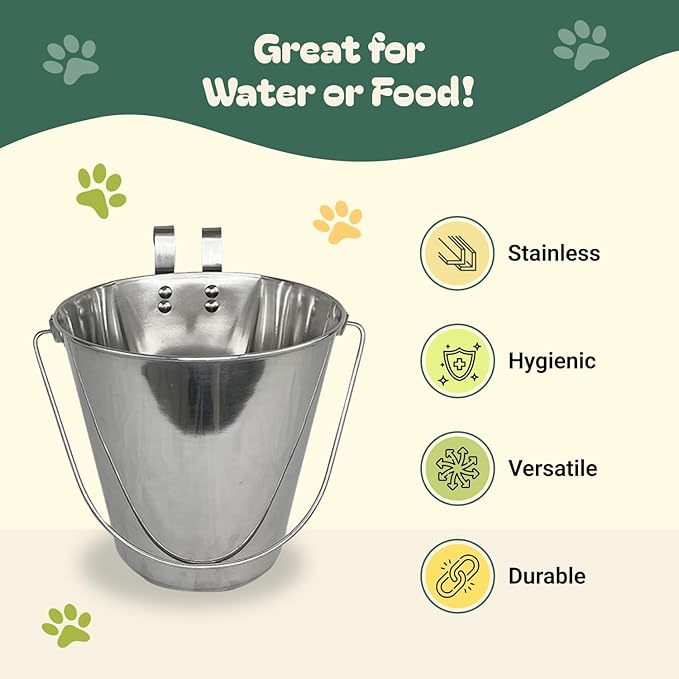 Advance Pet Products 6 Quart Stainless Steel Bucket with Dual Hook | Perfectly Fits on Kennels, Cages and Critter Crates | Heavy Duty Bucket for Pets Cleaning & Food Prep - Flat Sided Pail