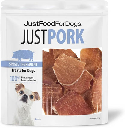 JustFoodForDogs Single Ingredient Healthy Dog Treats and Dog Snacks, Jerky Treats, Human Grade, Preservative and Grain Free, Rawhide Free Chews, Low Calorie Treat - Pork, 5 oz