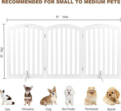 Bonnlo 30'' Tall White Freestanding Dog Gates for Doorways, Trifold Pet Gate Step Over Foldable Gate, Wooden 3 Panel Pet Gate Christmas Tree Fence with 3 PCS Foot Supporters, Up to 61'' Wide