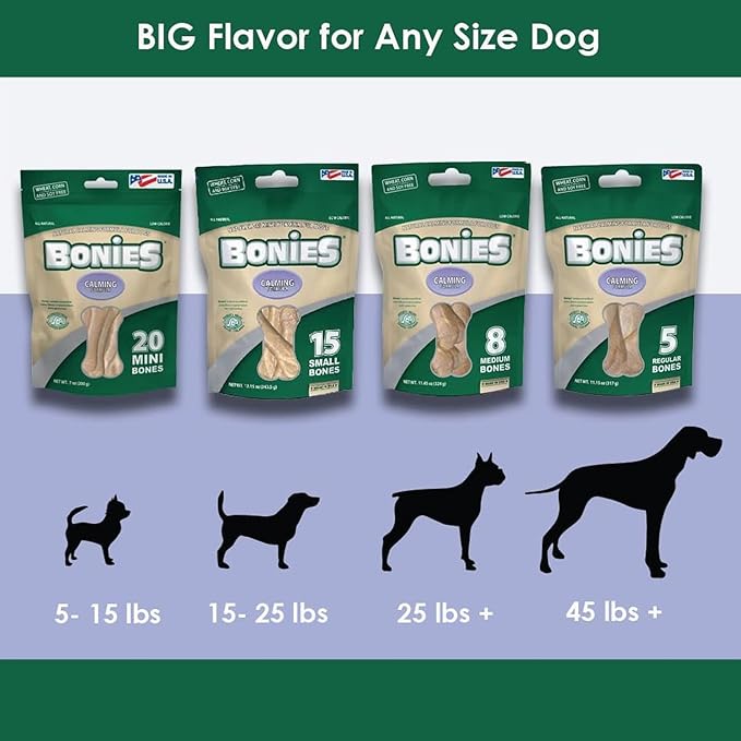 Bonies Natural Calming Formula Dog Treats - Contains Chamomile & Lavender, Help Anxiety, Excessive Barking & Trembling, Chicken Flavor, Mini, 20 Bones