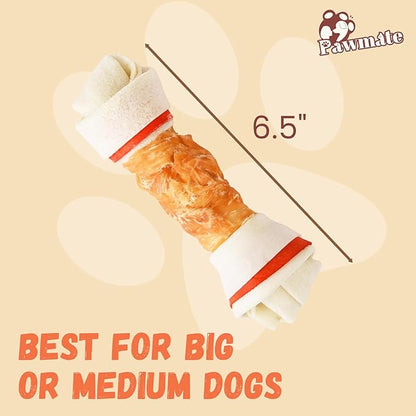 Pawmate Dog Treats Large Breed, Chicken Wrapped Rawhide Bones 6.5'', Large Size Long Lasting Dog Chews with Taurine, Teeth Cleaning Training Treats Snacks for Medium Large Dogs, 4 Counts, 10.6 oz