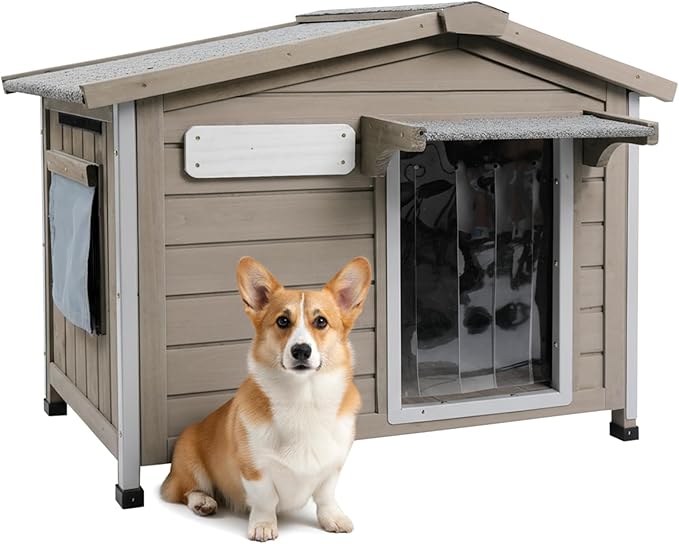 PetsCosset 30.1" L Large Dog House Outdoor & Indoor,Fir Wood Dog Kennel with Weatherproof Openable Asphalt Roof,Spacious Doghouse with Anti-Chewing Metal Edges for Small & Medium & Large Dogs,Grey