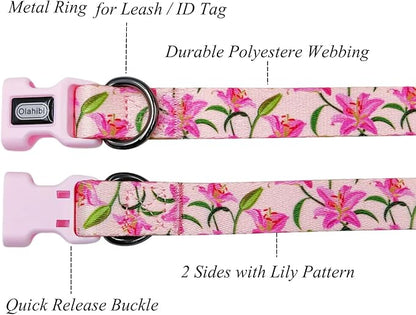 Dog Collar Leash Set, Floral Pattern, Polyester Material, Adjustable Collar and 5ft Matchcing Leash, for Medium Dogs.(M, Pink Lily)