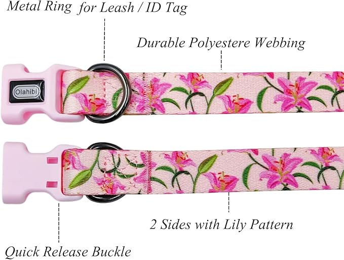 Dog Collar Leash Set, Floral Pattern, Polyester Material, Adjustable Collar and 5ft Matchcing Leash, for Large Dogs.(L, Pink Lily)