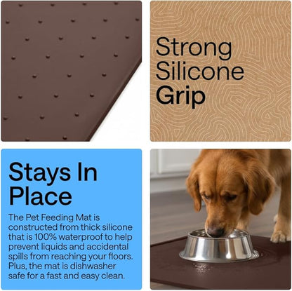 GORILLA GRIP 100% Waterproof Raised Edge BPA Free Silicone Pet Feeding Mat, Dog Cat Food Mats Contain Spills Protects Floors, Placemats for Cats and Dogs Water Bowl, Pets Accessories 16x10, Brown