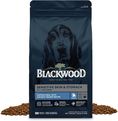 Blackwood Sensitive Skin & Stomach Dry Dog Food, Catfish Meal & Brown Rice with Ancient Grains, 24 Pound Bag with Prebiotics & Probiotics to Promote Gut Health