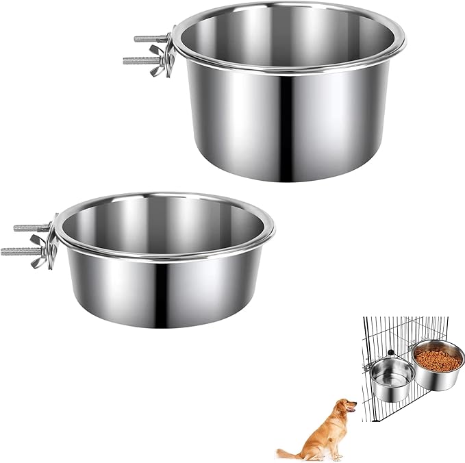 2 Pack Silver Stainless Steel Pet Bowls Anti-Spill Metal Feeder Food and Water Feeding Bowl, Hanging Cage Pet Crate Bowl for Puppy Kennel Medium Large Pets (Silver,L (7.1x2.6'' & 6.2x2.3''))
