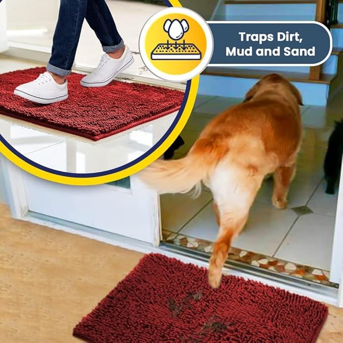 Muddy Mat® | Super Absorbent Door Mat Indoor, Microfiber Quick Dry Chenille Entryway Rug, Non-Slip Front Door Mat, Indoor Mats for Entryway, Machine Washable Pet Rug, Red 24" x 96"