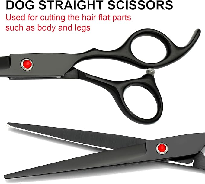 FAIGEO Professional Dog Grooming Scissors Set Stainless Steel Dog Grooming Kit - Thinning, Curved Scissors and Comb for Cat Pet (Black 5 in1)