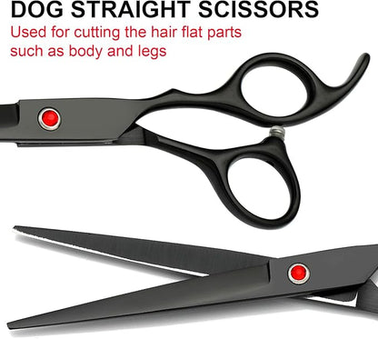 FAIGEO Professional Dog Grooming Scissors Set Stainless Steel Dog Grooming Kit - Thinning, Curved Scissors and Comb for Cat Pet (Black 5 in1)