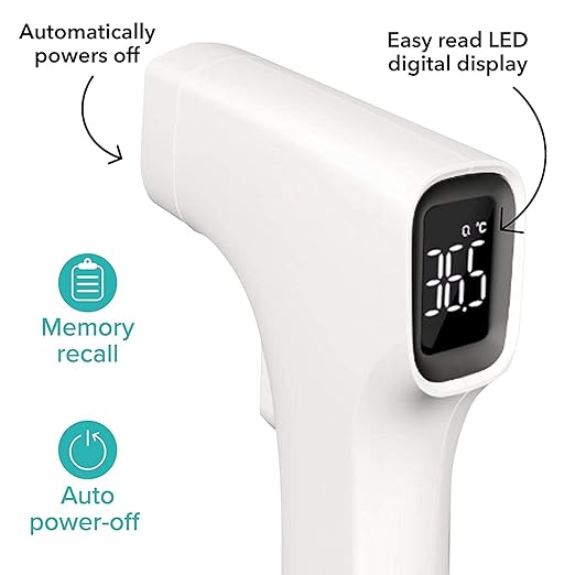 Dr. Talbot's Easy Handle Non-Contact Infrared Thermometer with Led Screen, Fever Warning Indicator, Accurate 1 S Reading for Baby, Kids, & Adults, White
