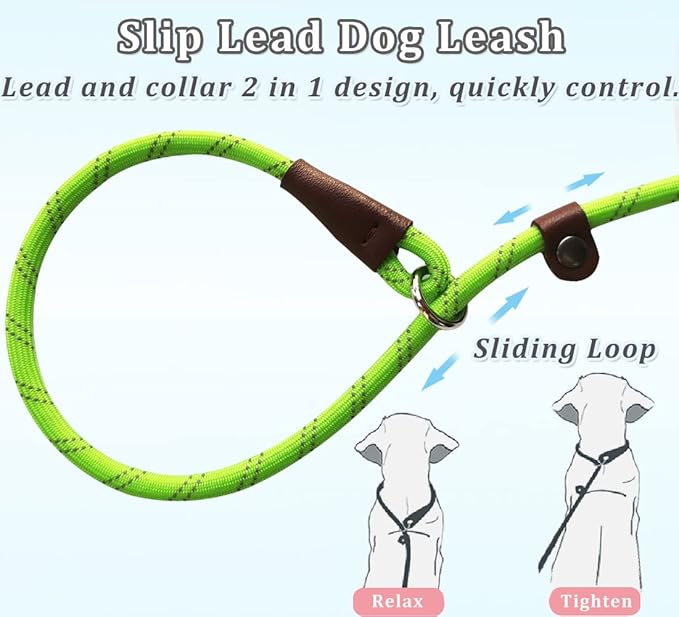 WYUZE 2 Pack 8 ft Slip Lead Dog Leash, Reflective No Pull Dog Training Lead, 1/3" Nylon Rope Slip Leash for Small Medium Dogs (Purple+Green)