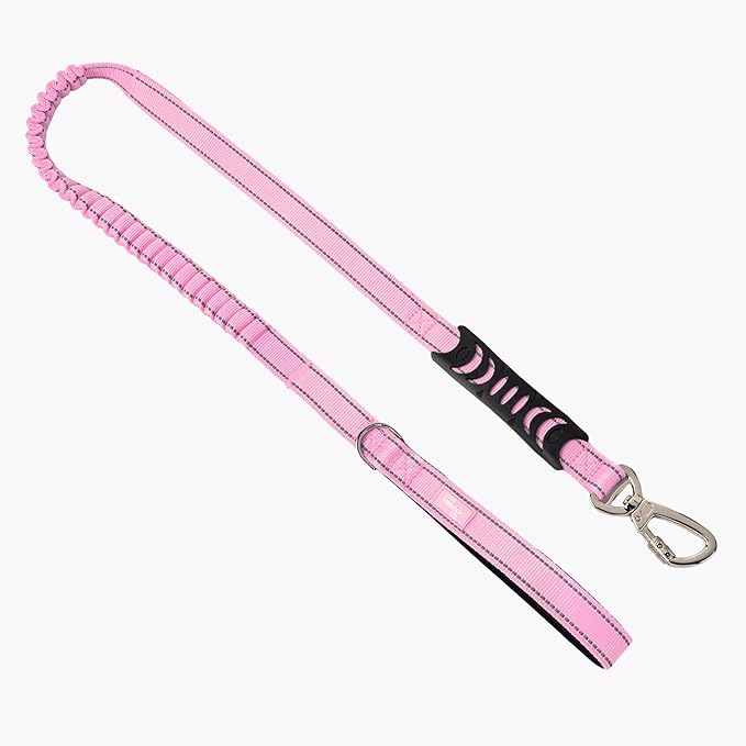 Dog Friendly Co. Bungee Dog Leash | Strain Free & Shock Resistant for Control | Neoprene Padded Handle, Heavy-Duty Carabiner Clip, and D-Ring | Pink, Size Regular