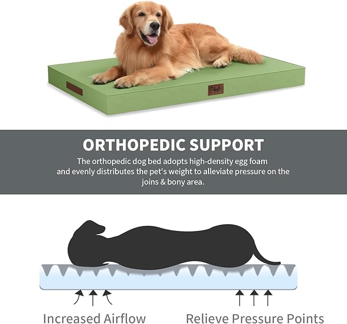 Outdoor Extra Large Dog Crate Bed, XXL Waterproof Dog Bed for Giant Breeds Dogs, 47x29 Inch Orthopedic Egg Crate Foam Pet Mat with Removable Cooling Cover, Light Green