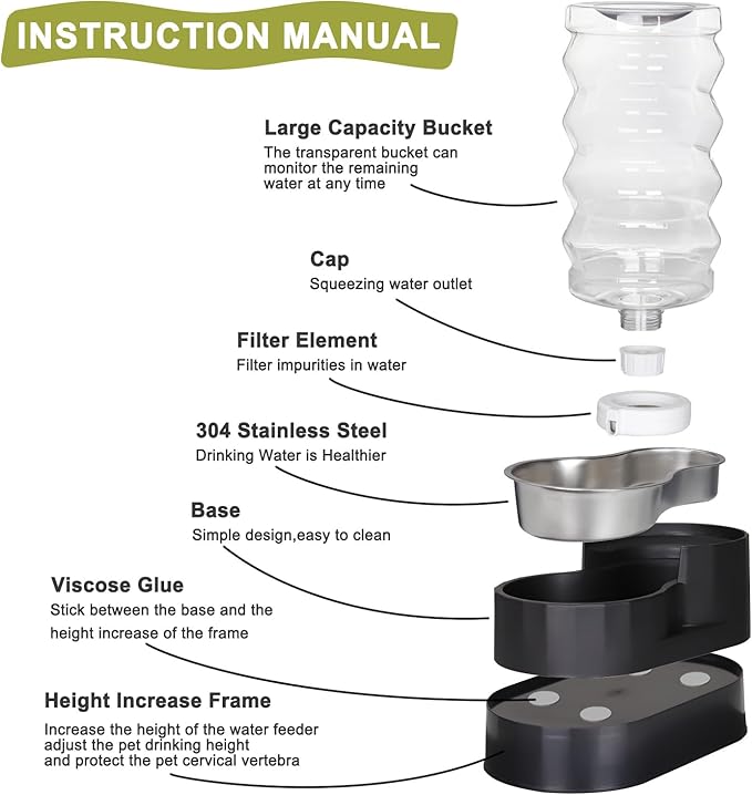 RIZZARI Automatic Dog Water Dispenser: Spill-Resistant 9L Black Gravity Feeder - Includes 2 Extra Filters & 2 Bottle Caps - Raised Design Supports Elderly Dogs’ Spine Health - for Garage Garden Use