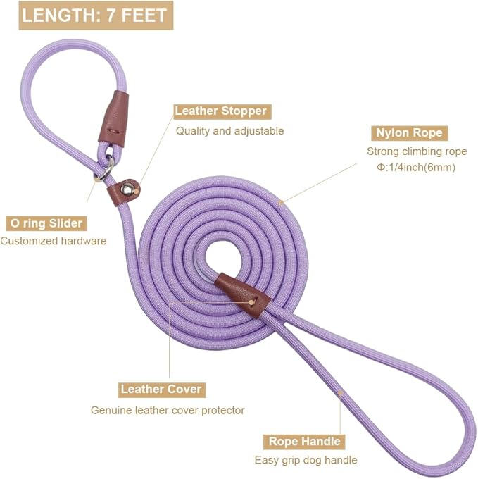 BTINESFUL 7FT Slip Lead Dog Leash, 1/4" Nylon Rope Dog Training Leash for Small Medium Dogs Outdoor No-Pull Walking, Behavior Training, Purple