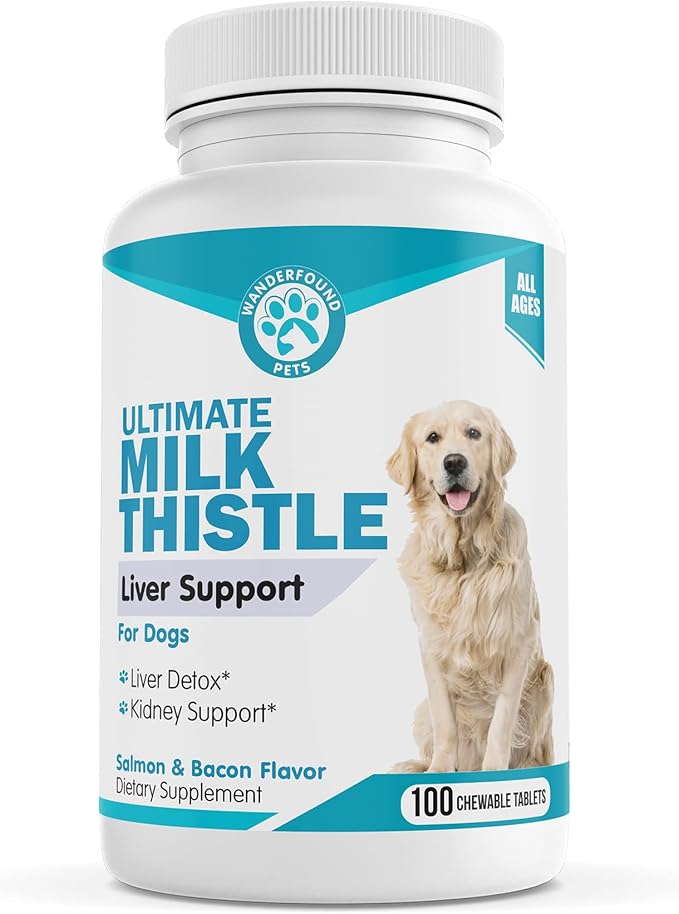 Wanderfound Pets Milk Thistle for Dogs – Tasty Salmon & Bacon Flavored Natural Liver Support for Pets – Kidney Cleanse Detox & Repair Formula Manufactured in the USA – 100 Chewable Tablets