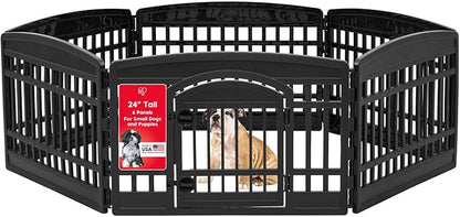 IRIS USA Dog Playpen with Door, 24” 6 Panel Pet Exercise Pen – Indoor Outdoor Puppy Play Pen, Portable Plastic Pet Fence for Small Medium Dogs, Foldable 61” x 61” x 24”, Black