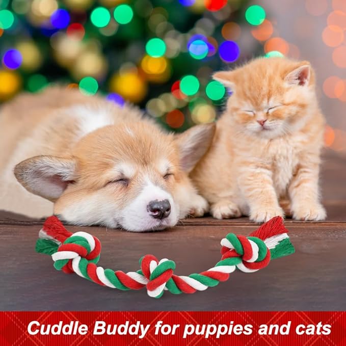 SZEE Dog Rope Toy, 14 in 3 Knots Christmas Dog Chew Toys for Medium and Small Dogs, Pull Toy for Tug of War and Teeth Cleaning (Red & Green)